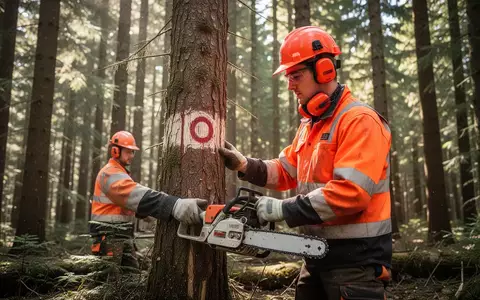 Forstmitarbeiter in Sicherheitskleidung mit Kettensäge bei der Arbeit in einem sonnendurchfluteten Wald. - Foto: über boerse-global.de