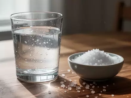 Ein Glas Wasser und eine kleine Schale mit Meersalz auf einem Holztisch bei natürlichem Tageslicht. - Foto: über boerse-global.de