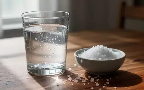 Ein Glas Wasser und eine kleine Schale mit Meersalz auf einem Holztisch bei natürlichem Tageslicht. - Foto: über boerse-global.de
