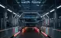 Ein unbeleuchtetes Fließband in einer modernen Automobilfabrik mit einem einzelnen Fahrzeugchassis im Fokus. - Foto: über boerse-global.de