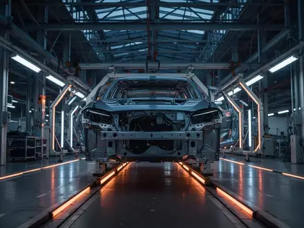 Ein unbeleuchtetes Fließband in einer modernen Automobilfabrik mit einem einzelnen Fahrzeugchassis im Fokus. - Foto: über boerse-global.de
