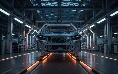 Ein unbeleuchtetes Fließband in einer modernen Automobilfabrik mit einem einzelnen Fahrzeugchassis im Fokus. - Foto: über boerse-global.de