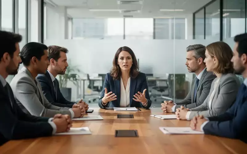 Eine Gruppe von Mitarbeitern in einem modernen Büro sitzt an einem Konferenztisch und führt ein konzentriertes Gespräch. - Foto: über boerse-global.de