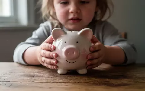 Nahaufnahme der Hände eines Kindes, die ein Sparschwein auf einem Holztisch halten, als Symbol für die Altersvorsorge. - Foto: über boerse-global.de