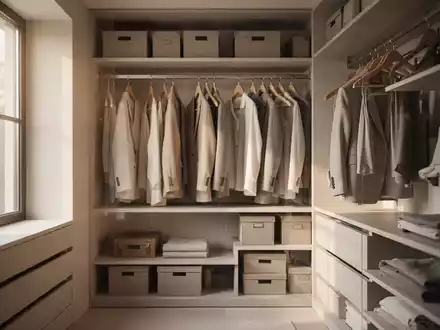 Ein aufgeräumter, minimalistisch gestalteter Kleiderschrank mit ordentlich hängender Kleidung und sortierten Aufbewahrungsboxen. - Foto: über boerse-global.de