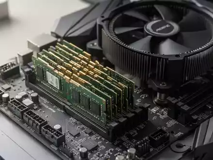 Nahaufnahme von Arbeitsspeichermodulen und CPU-Kühlung auf einer Computer-Hauptplatine in einem Arbeitsrechner. - Foto: über boerse-global.de