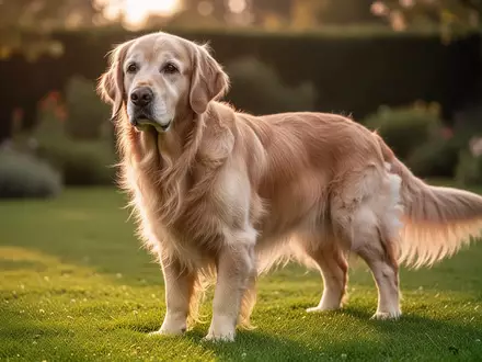 Ein älterer Golden Retriever steht entspannt auf einer grünen Wiese im warmen Licht der goldenen Stunde. - Foto: über boerse-global.de