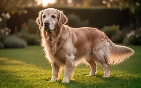 Ein älterer Golden Retriever steht entspannt auf einer grünen Wiese im warmen Licht der goldenen Stunde. - Foto: über boerse-global.de