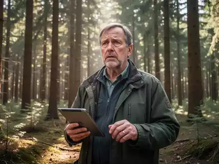 Ein besorgter Waldbesitzer steht mit einem Tablet in einem deutschen Wald und prüft Unterlagen zur EU-Entwaldungsverordnung. - Foto: über boerse-global.de