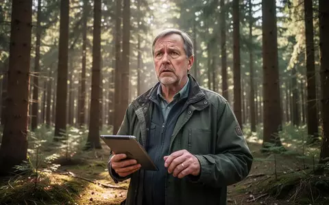 Ein besorgter Waldbesitzer steht mit einem Tablet in einem deutschen Wald und prüft Unterlagen zur EU-Entwaldungsverordnung. - Foto: über boerse-global.de