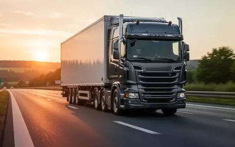 Ein schwerer Lastkraftwagen fährt bei Sonnenuntergang auf einer deutschen Autobahn. - Foto: über boerse-global.de