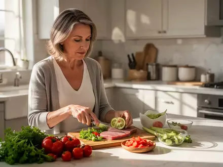 Eine Frau bereitet in einer sonnendurchfluteten Küche eine gesunde Mahlzeit zu, um ihre kognitive Gesundheit zu fördern. - Foto: über boerse-global.de