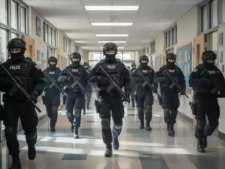 Polizeibeamte in taktischer Schutzausrüstung bei einer Sicherheitsübung in einem Schulflur. - Foto: über boerse-global.de