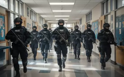 Polizeibeamte in taktischer Schutzausrüstung bei einer Sicherheitsübung in einem Schulflur. - Foto: über boerse-global.de