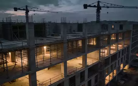 Eine unvollendete Baustelle eines modernen Bürogebäudes in der Abenddämmerung. - Foto: über boerse-global.de