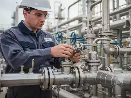 Ein Ingenieur in Arbeitskleidung inspiziert komplexe Rohrleitungssysteme in einer modernen Raffinerie. - Foto: über boerse-global.de