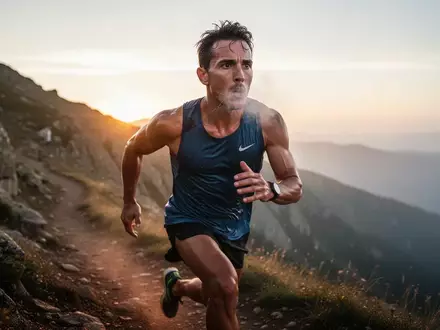 Ein fokussierter Sportler beim intensiven Lauftraining auf einem Bergpfad bei Sonnenaufgang als Symbol für Resilienz. - Foto: über boerse-global.de