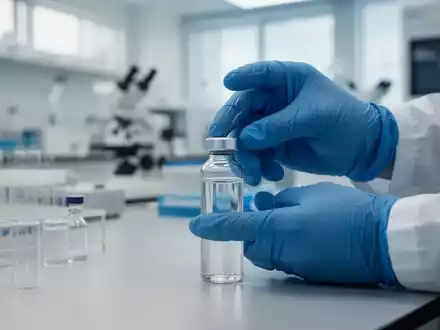 Nahaufnahme einer Hand in einem blauen Handschuh, die ein medizinisches Fläschchen in einem sterilen Labor hält. - Foto: über boerse-global.de