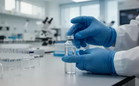 Nahaufnahme einer Hand in einem blauen Handschuh, die ein medizinisches Fläschchen in einem sterilen Labor hält. - Foto: über boerse-global.de