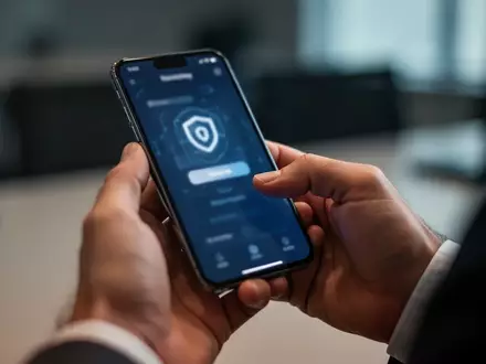 Nahaufnahme einer Person, die ein Smartphone in einer professionellen Büroumgebung hält, um Sicherheitseinstellungen zu prüfen. - Foto: über boerse-global.de