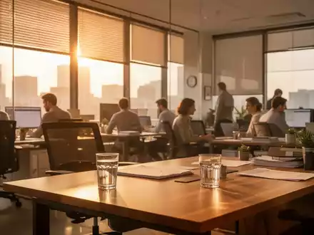 Ein helles, modern eingerichtetes Büro an einem sonnigen Tag mit Jalousien, die vor der Hitze schützen. - Foto: über boerse-global.de