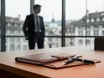 Ein minimalistisches, modernes Büro in der Schweiz mit Blick auf eine Stadt, Fokus auf einem Schreibtisch mit Notizbuch. - Foto: über boerse-global.de