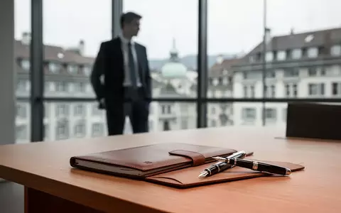 Ein minimalistisches, modernes Büro in der Schweiz mit Blick auf eine Stadt, Fokus auf einem Schreibtisch mit Notizbuch. - Foto: über boerse-global.de