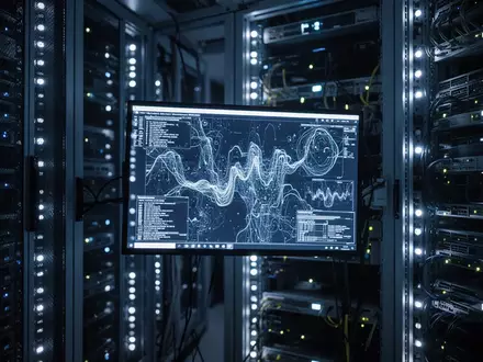 Ein hochmodernes Serverraum-Umfeld mit leuchtenden Hardware-Racks und komplexen Datenmustern auf einem Monitor. - Foto: über boerse-global.de