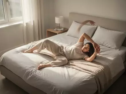 Eine Person führt sanfte Dehnübungen auf einem Bett in einem hellen, modern eingerichteten Schlafzimmer aus. - Foto: über boerse-global.de