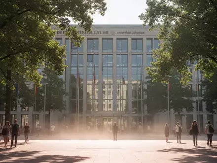 Ein modernes Regierungsgebäude in Berlin bei sommerlicher Hitze mit flimmernder Luft über dem Gehweg. - Foto: über boerse-global.de