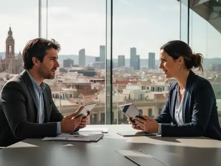 Zwei Geschäftsleute im Gespräch während einer Handelsmission in einem modernen Bürogebäude mit Blick auf die Stadt Barcelona. - Foto: über boerse-global.de