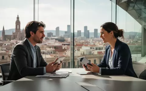 Zwei Geschäftsleute im Gespräch während einer Handelsmission in einem modernen Bürogebäude mit Blick auf die Stadt Barcelona. - Foto: über boerse-global.de