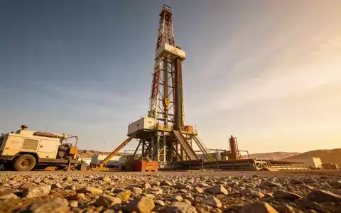 Ein industrieller Bohrturm auf einer Baustelle für Geothermie bei Sonnenuntergang. - Foto: über boerse-global.de
