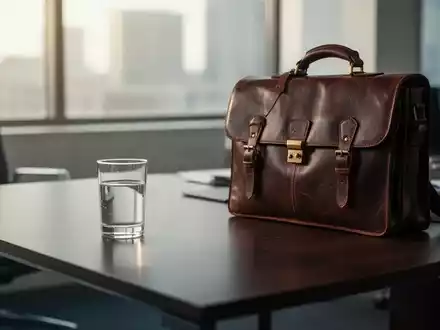 Ein minimalistischer, moderner Büroarbeitsplatz mit einer Aktentasche und einem Glas Wasser bei natürlichem Lichteinfall. - Foto: über boerse-global.de