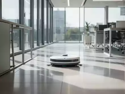 Ein kompakter, autonomer Reinigungsroboter fährt über einen glatten Boden in einem modernen Bürogebäude. - Foto: über boerse-global.de