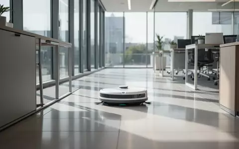 Ein kompakter, autonomer Reinigungsroboter fährt über einen glatten Boden in einem modernen Bürogebäude. - Foto: über boerse-global.de