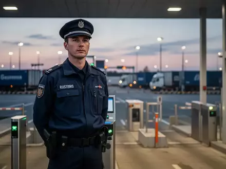 Ein Zollbeamter an einem modernen Grenzübergang bei Dämmerung, im Hintergrund ist ein Logistikzentrum zu sehen. - Foto: über boerse-global.de