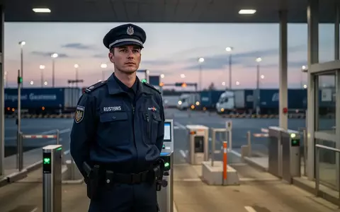 Ein Zollbeamter an einem modernen Grenzübergang bei Dämmerung, im Hintergrund ist ein Logistikzentrum zu sehen. - Foto: über boerse-global.de