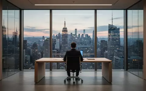 Ein einsamer Manager in einem modernen, minimalistischen Büro blickt nachdenklich aus einem großen Fenster auf eine Stadt. - Foto: über boerse-global.de