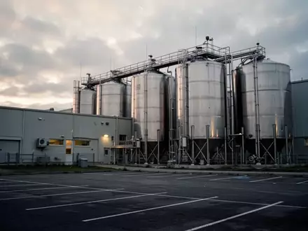 Industrielle Molkerei-Anlage mit Edelstahltanks vor einem bewölkten Himmel bei Dämmerung. - Foto: über boerse-global.de