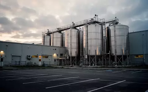 Industrielle Molkerei-Anlage mit Edelstahltanks vor einem bewölkten Himmel bei Dämmerung. - Foto: über boerse-global.de