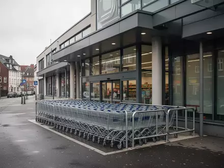 Eingangsbereich eines Supermarktes in einem städtischen Wohngebiet mit einer Reihe von Einkaufswagen. - Foto: über boerse-global.de