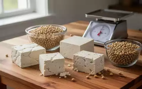 Verschiedene Tofublöcke und eine Schale mit Bio-Sojabohnen auf einem Holztisch in einer hellen Küche. - Foto: über boerse-global.de