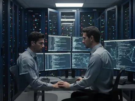 Ein IT-Sicherheitsexperte arbeitet in einem modernen, schwach beleuchteten Serverraum an der Absicherung staatlicher Systeme. - Foto: über boerse-global.de