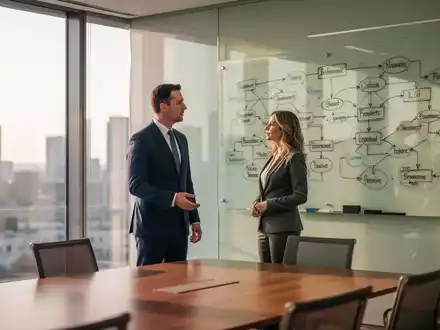 Ein CHRO und eine CIO in einem modernen Büro besprechen gemeinsam strategische Planungsdiagramme an einer Glaswand. - Foto: über boerse-global.de