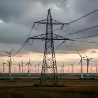 Ein Hochspannungsmast steht in einer weiten Landschaft mit Windkraftanlagen unter einem bewölkten Himmel. - Foto: über boerse-global.de