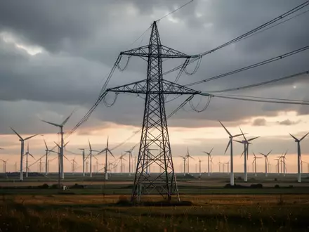Ein Hochspannungsmast steht in einer weiten Landschaft mit Windkraftanlagen unter einem bewölkten Himmel. - Foto: über boerse-global.de