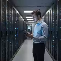Ein IT-Spezialist arbeitet in einem modernen, schwach beleuchteten Serverraum an einem Tablet. - Foto: über boerse-global.de