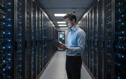 Ein IT-Spezialist arbeitet in einem modernen, schwach beleuchteten Serverraum an einem Tablet. - Foto: über boerse-global.de