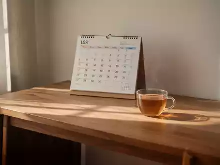 Ein minimalistischer, lichtdurchfluteter Arbeitsplatz mit einem analogen Kalender und einer Teetasse, der Ruhe ausstrahlt. - Foto: über boerse-global.de
